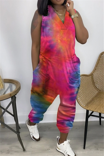 plus size new stylish multicolor tie-dye batch printing v-neck back zip-up jumpsuit #4#