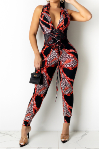 three colors leopard batch printing sleeveless plus size suit collar lace-up sexy jumpsuit