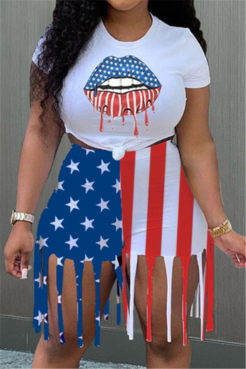american flag summer new style print short t-shirt tassel fashion two-piece set #1#