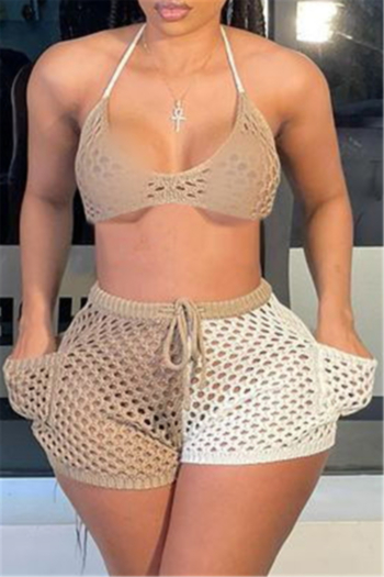 plus size new style summer see through grid halter neck sexy two-piece set