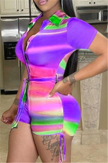 plus size 5 colors multicolor batch printing single breasted tight playsuit (with belt)