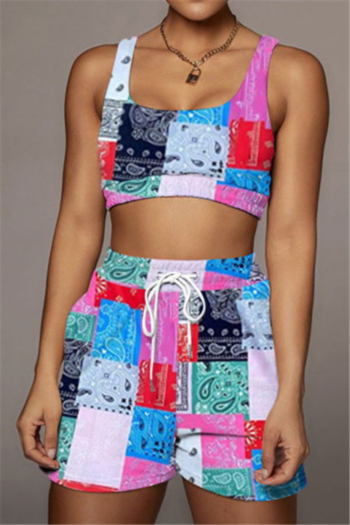 summer plus size new stylish multicolor batch printing sleeveless laced two-piece set