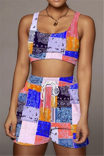 plus size new stylish summer multicolor batch printing sleeveless laced two-piece set