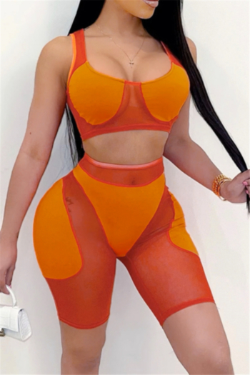 four colors solid color stitching mesh plus size summer sexy slim two-piece set