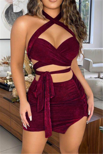 three colors summer solid color halter neck lace-up slim skirt velvet sexy two-piece set