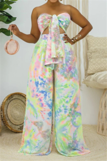plus size summer multicolor batch printing strapless wide leg fashion two-piece set #1#