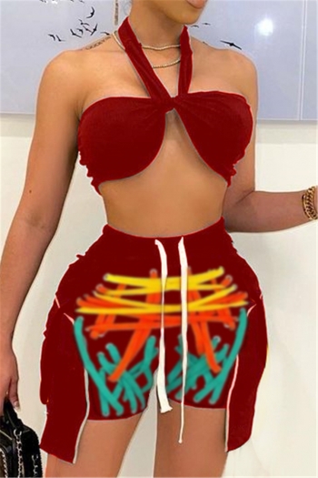 plus size 3 colors printing halter neck top with shorts summer sexy two-piece set