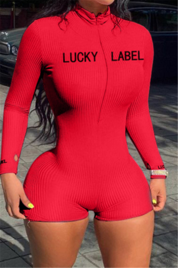 plus size 7 colors “lucky label” letter embroidered zip-up stretch thumb hole summer slim playsuit