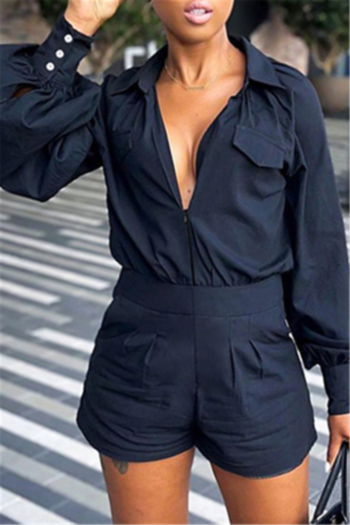 new style summer solid color long sleeve zip-up button inelastic casual playsuit
