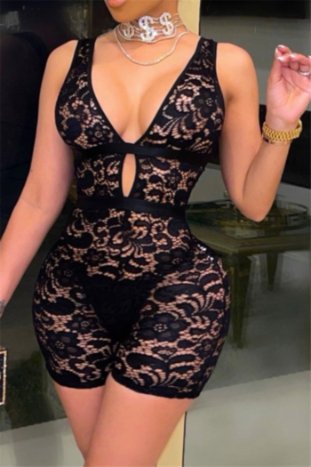 plus size solid color v-neck lace see through sexy hollow out summer stretch playsuit (no lining)