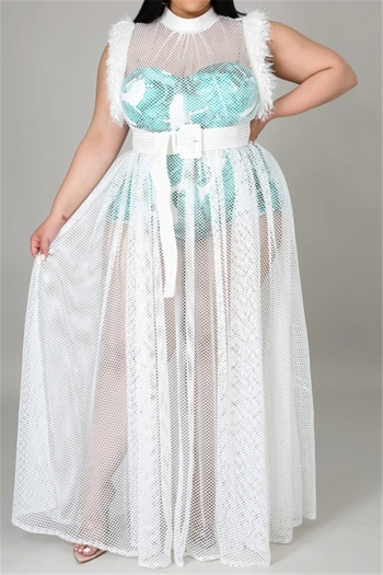l-4xl plus size sexy see-through sleeveless leaf printing playsuit+maxi dress two-piece set(without belt)
