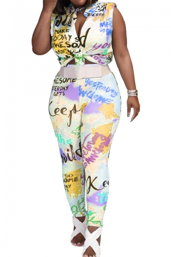 s-4xl plus size stylish colorful lettering batch printing sleeveless two-piece set(without belt)#3#