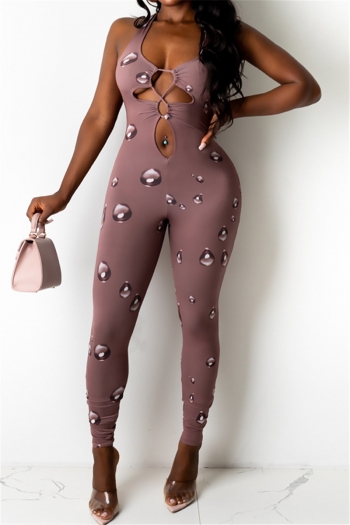 summer stretch water drop batch printing sexy low cut hollow out jumpsuit