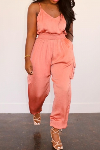 plus size solid casual sling loose with pocket elastic waist jumpsuit
