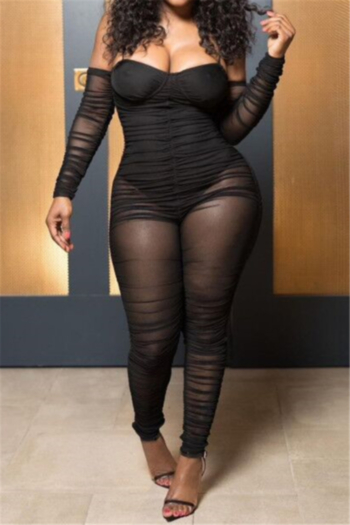 plus size sexy strapless mesh stitching long sleeve tight jumpsuit
