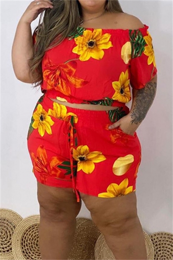 plus size solid color fashional casual flower printing short sleeve strapless bandage  two-piece set