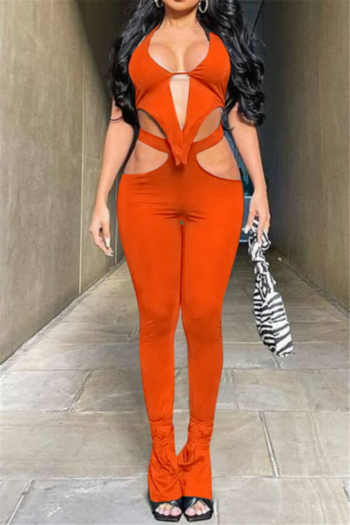 plus size new stylish solid color 3 colors hollow out halter neck stretch sexy two-piece set