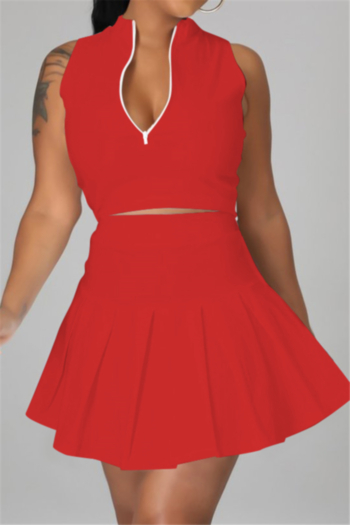 plus size 4 colors solid color sleeveless vest with pleated skirt zip-up micro elastic two-piece set