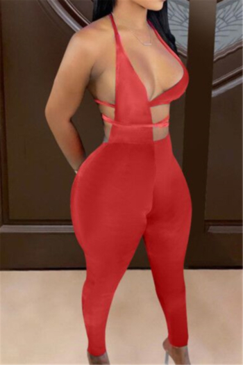 sexy plus size summer new style halter neck simple hollow out stretch tight jumpsuit
