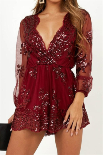 plus size two colors deep v long sleeve sequined jumpsuit