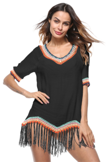 new stylish solid color spliced tassel two color v-neck stretch loose cover-ups