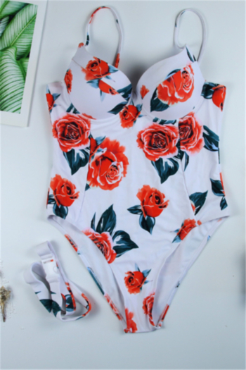 New flower batch printing stylish padded with steel ring one-piece swimsuit (with belt)