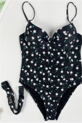 New flower batch printing stylish padded with steel ring one-piece swimsuit (with belt)
