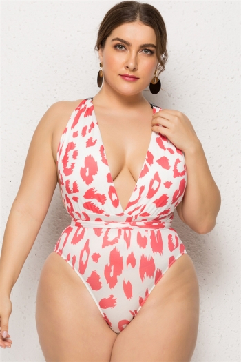plus size new stylish leopard batch printing padded backless deep v-neck stretch sexy one-piece swimsuit