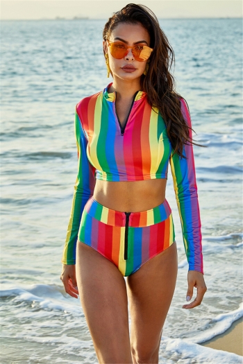 plus size multicolor stripes batch printing zip-up stretch two-piece swimsuit