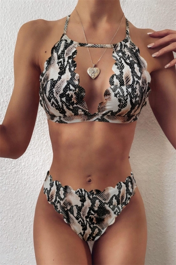 snake print padded halter-neck wavy lace sexy two-piece bikini