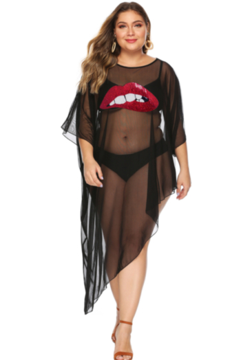 oversize two colors lip pattern see through mesh sexy beach irregular cover-ups