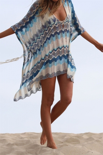 striped crochet v-neck hollow stylish beach cover-ups