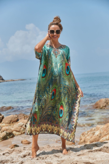 new digital fixed print inelastic v-neck side slit stylish ethnic style beach  dress cover-ups