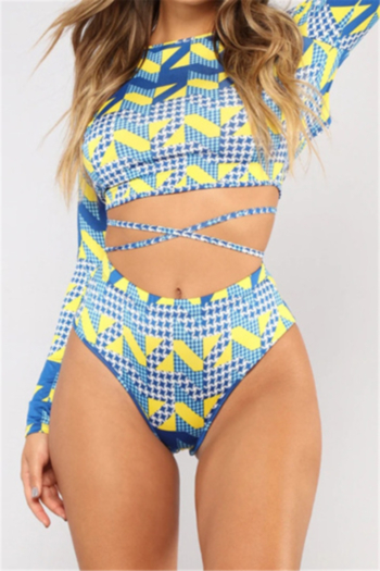 geometrical pattern print padded long-sleeve backless bandage stylish sexy two-piece swimsuit