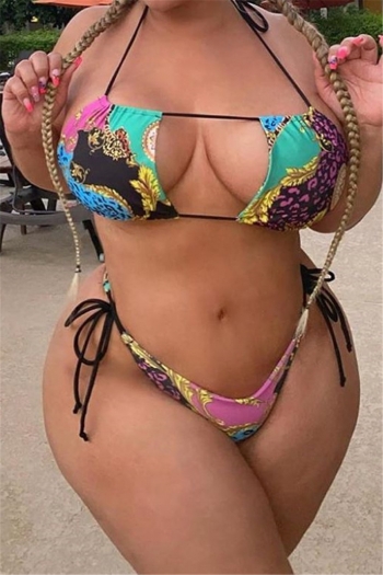 new oversize multicolor digital print padded halter-neck lace-up sexy two-piece bikini