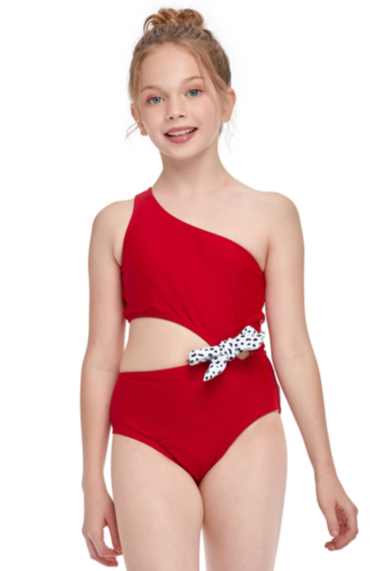 kids new solid color unpadded bowknot stylish cute one-piece swimwear