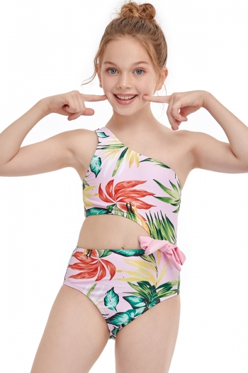 kids new leaves print unpadded bowknot stylish cute one-piece swimwear