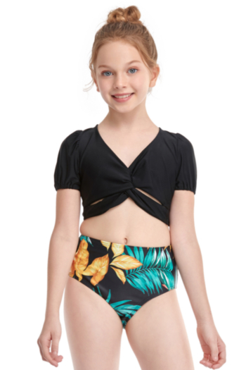 kids new leaves print unpadded short-sleeve stylish cute two-piece swimwear