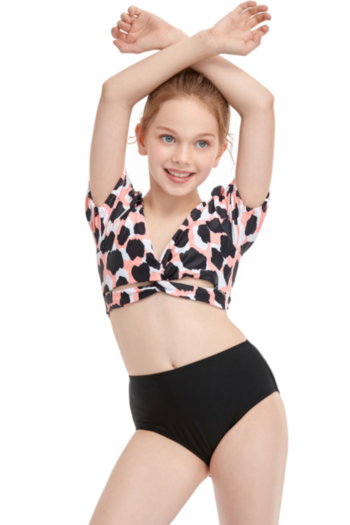 kids new leopard print unpadded short-sleeve stylish cute two-piece swimwear