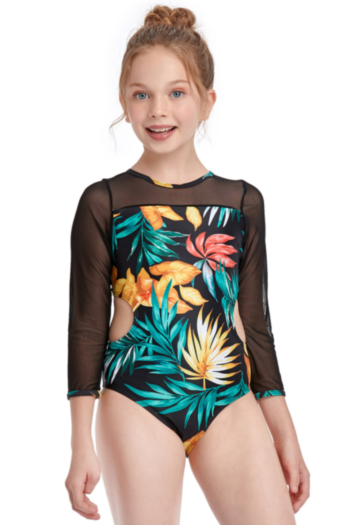 kids new see through mesh spliced unpadded stylish one-piece swimsuit
