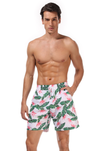 man new leaves print waist lace-up pockets stylish beach shorts