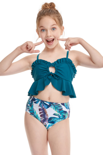 kids new 2 colors leaves print unpadded ruffle stylish cute two-piece swimwear