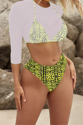 three colors leopard print padded high waist sexy two-piece bikini with see through cover-ups tops