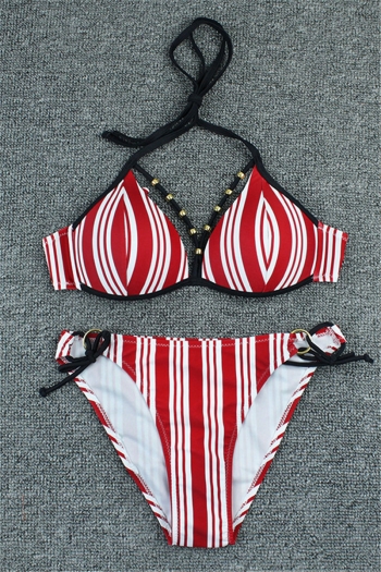 new stripes print padded metal beads loops decorative sexy two-piece bikini