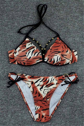 new tiger pattern print padded metal beads loops decorative sexy two-piece bikini