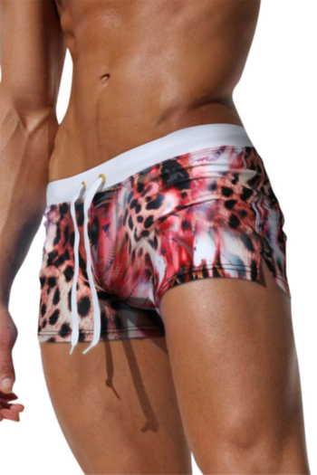 man new leopard print waist lace-up zip-up pockets stylish beach swim trunks