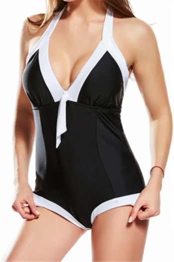 plus size black and white spliced padded sexy stylish halter-neck one-piece swimwear