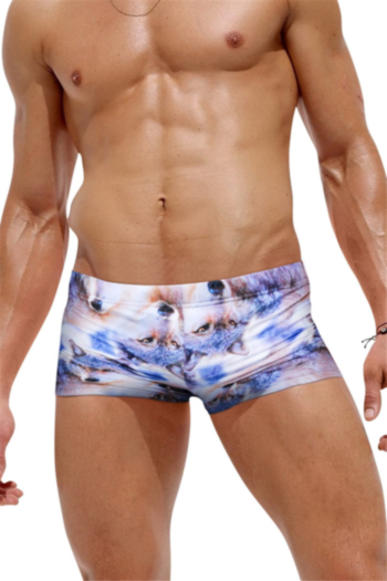 man new wolves print waist lace-up back zip-up pocket stylish beach swim trunks