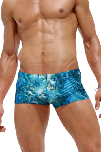man new tigers print waist lace-up back zip-up pocket stylish beach swim trunks