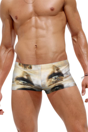 man new lions print waist lace-up back zip-up pocket stylish beach swim trunks